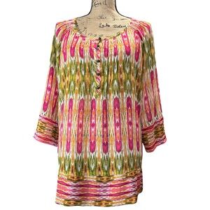 Jones New York sheer blouse in vibrant pink, green and gold. EC. Size medium